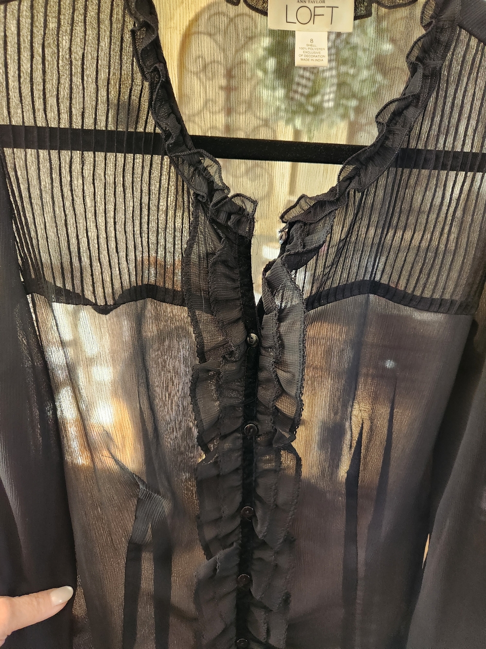 LOFT Black Sheer Ruffle-Front Blouse - Picture 5 of 6